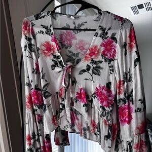 American Eagle Outfitters Cream Long Sleeve Ruffled Blouse with Tie Front